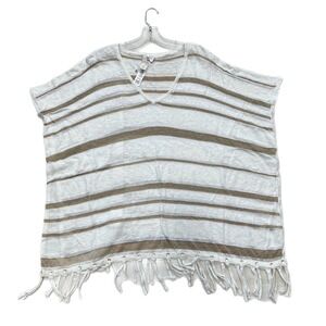 Chicos Womens Poncho Size S / M Pullover Ivory Gold Semi Sheer Fringe Beach